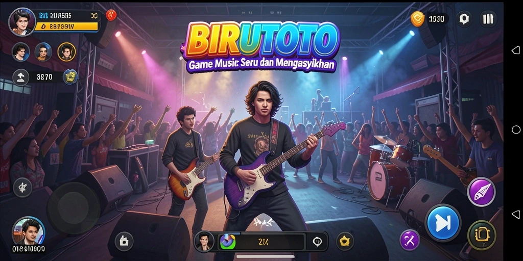 Tampilan gameplay BIRUTOTO saat pemain memainkan lagu favorit.
