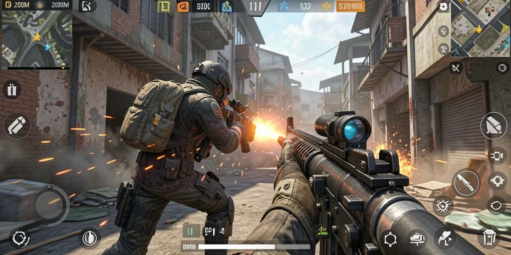 Tampilan gameplay mendebarkan D200M dalam aksi FPS.