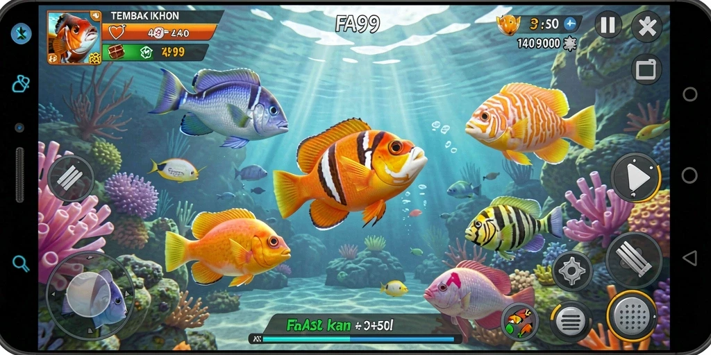 Screenshot utama FA99 menunjukkan aksi menembak ikan di bawah laut.
