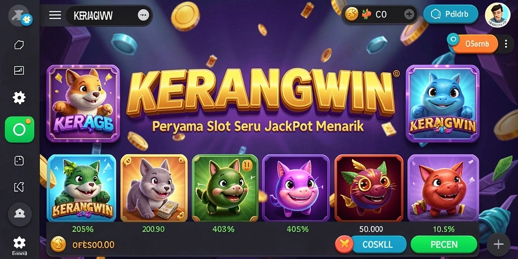 Tampilan gameplay KERANGWIN dengan gulungan berputar dan animasi menarik.