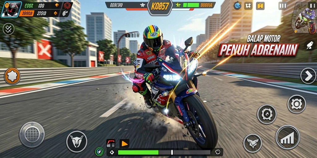 Tampilan gameplay KO857 dengan balap motor yang seru dan trek menantang.