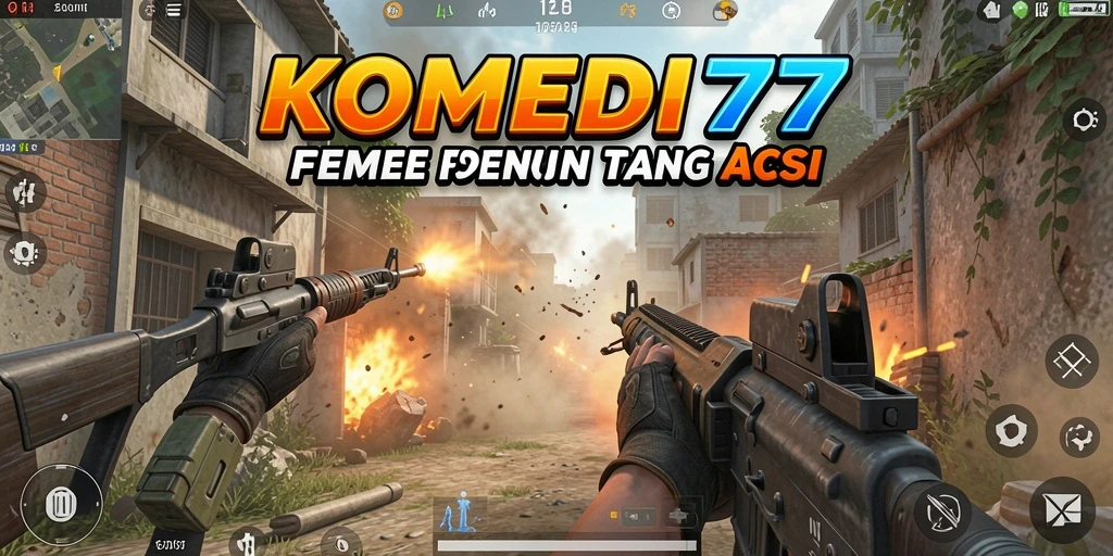 Screenshot menampilkan pertempuran lucu dalam KOMEDI77 dengan gameplay FPS.