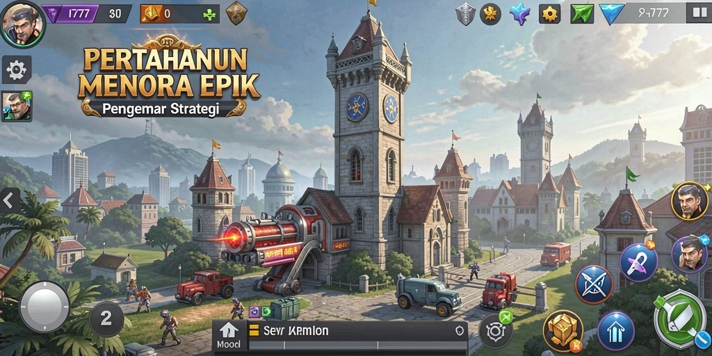 Tampilan utama gameplay L777 dengan pertahanan menara yang strategis.