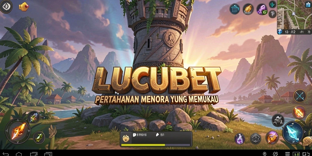 Gameplay LUCUBET menampilkan menara strategis dan serangan musuh yang dinamis.