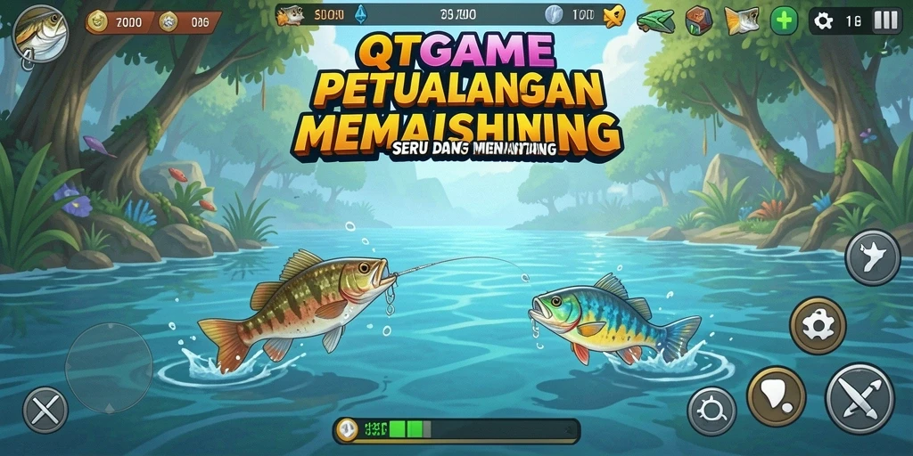 Screenshot gameplay QTGAME menampilkan aksi memancing yang seru.