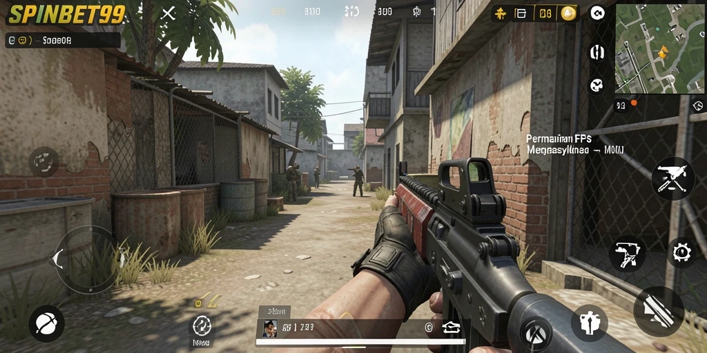 Screenshot gameplay SPINBET99 menampilkan aksi tembak-menembak yang intens.